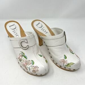 Vintage Dior Wooden Clog White Leather Mule Heel Embroidered John Galliano 38.5